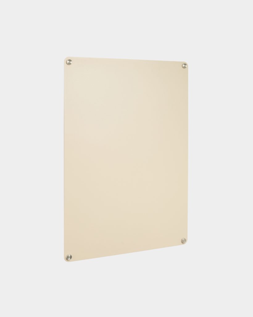 WoodUpp beige rectangular wall panel photographed against a white background: a smooth, matte pale-cream board with rounded corners, mounted by four brushed silver metal standoff screws—one at each corner—showing a clean, contemporary slim-profile noticeboard/signage panel from WoodUpp with a slightly angled perspective.