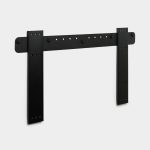 WoodUpp matte-black sliding door hardware: a wall-mounted steel rail with two vertical mounting straps and a horizontal bar featuring multiple pre-drilled holes and round stopper caps. Minimalist, powder-coated finish and sturdy bracket plates intended for mounting barn- or panel-style interior doors.