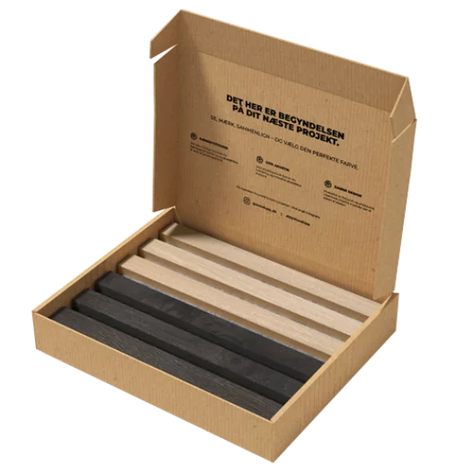 A colour sample box, opened with two colour samples