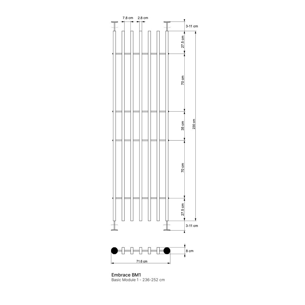 Technical line drawing by WoodUpp of the Embrace BM1 Basic Module 1 room divider: seven vertical wooden slats mounted between adjustable ceiling and floor tension poles with round end plates, horizontal stabilisers and exact dimensions (71.6 cm width, 236–252 cm height) shown in black-and-white diagram.
