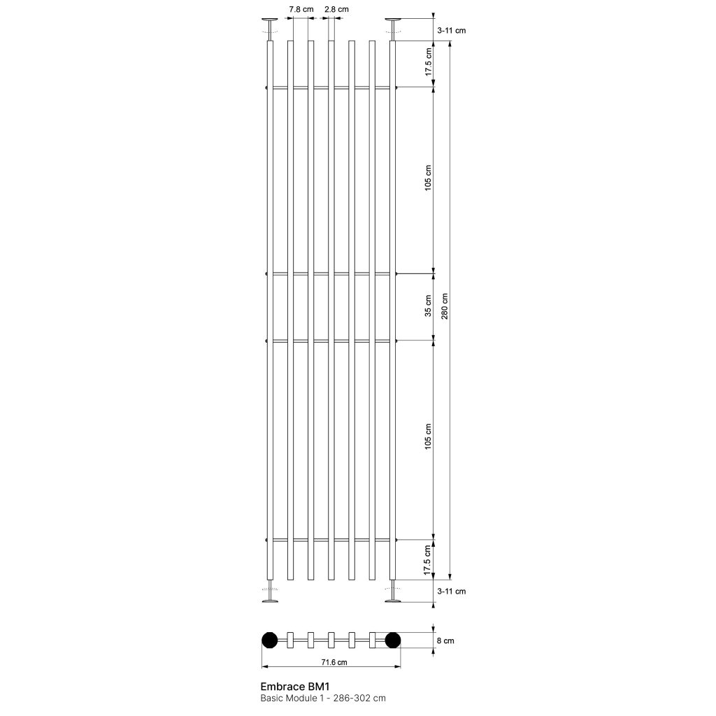 WoodUpp technical drawing of the Embrace BM1 Basic Module 1: seven narrow rectangular vertical wooden slats mounted between two adjustable ceiling-to-floor metal tension posts, with three horizontal crossbars and top/bottom fittings. Detailed dimension annotations show total height (286–302 cm) and 71.6 cm module width.