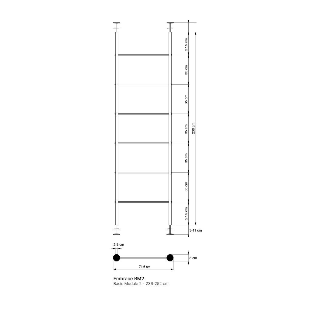 WoodUpp Embrace BM2 basic module: technical line drawing of an adjustable floor-to-ceiling shelving system showing two vertical tension poles, horizontal shelf rails, dimensions (236–252 cm height, 71.6 cm width), shelf spacings (typically 35 cm) and top and bottom adjustable plates shown.