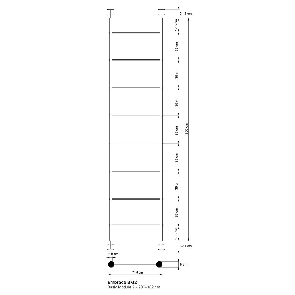 Technical line drawing of WoodUpp Embrace BM2 Basic Module 2: a tension‑mounted floor‑to‑ceiling shelving frame with two vertical poles and multiple horizontal supports. Dimensions shown: adjustable height 286–302 cm (280 cm layout), 35 cm shelf intervals, 2.8 cm pole diameter and 8 cm base.